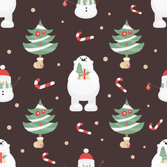 Christmas Seamless pattern. Cute Christmas Characters and Objects - Polar Bear, Trees, Snowman. Xmas Retro background. Vector Print for Wallpaper, Packing. Don't contain clipping mask and gradient.