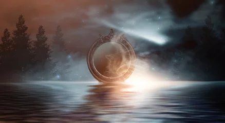 Poster Dark forest, magic mirror. Night view, smoke, smog, neon light, moon. Dark fantasy mystical landscape. Mirror reflection in the water. 3D illustration. © MiaStendal