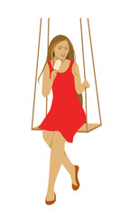 Girl (young woman) with ice cream on a swing. Red dress. Vector illustration. Isolated on a white background.