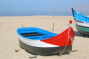 Traditional fishing boats on Nazare beach, Portugal	