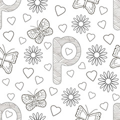 Letter P with flowers, leaves and butterflies. Seamless pattern. Coloring page.