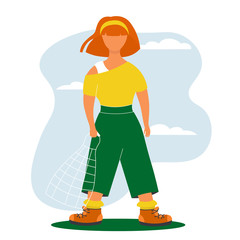Hipster girl with string bag.  Redhead woman go to food shopping. Happy female character in modern clothes walks outdoor . Cute illustration in flat style. 