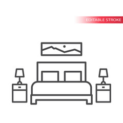 Bedroom furniture, home interior thin line vector icon set. Bed with pillows and nightstand and lamp design. Editable stroke.