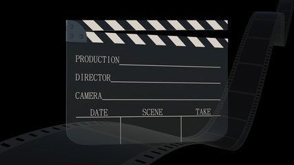 Fototapeta na wymiar 3d rendering of Film strip and Clapper board isolated with black