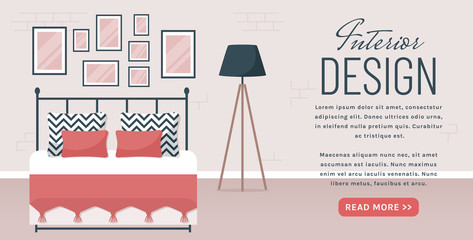 Bedroom interior design. Vector banner with place for text.