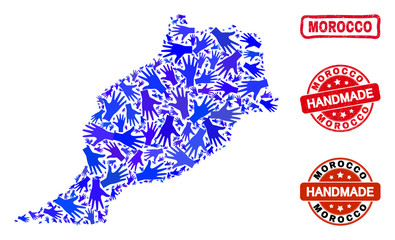 Vector handmade collage of Morocco map and rubber stamp seals. Mosaic Morocco map is formed of randomized blue hands. Rounded and wry red stamp imprints with corroded rubber texture.