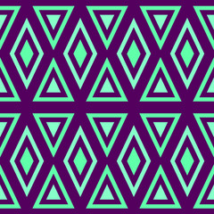 Nahtloser geometrischer dunkelvioletter Hintergrund mit Türkis, blauen Dreiecken und Rauten.