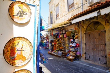 Picturesque scenic narrow alleys with traditional cobblestone streets and Souvenir shops in Old...