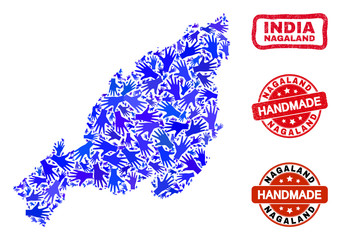Fototapeta premium Vector handmade combination of Nagaland State map and rubber watermarks. Mosaic Nagaland State map is constructed of scattered blue hands. Rounded and rough red watermarks with grunge rubber texture.