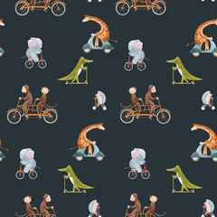 Wallpaper murals Animals in transport Beautiful vector seamless pattern for children with watercolor hand drawn cute animals on transport. Stock illustration.