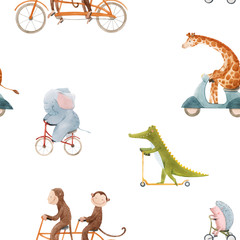 Prachtige vector naadloze patroon voor kinderen met aquarel hand getekende schattige dieren op vervoer. Voorraad illustratie.