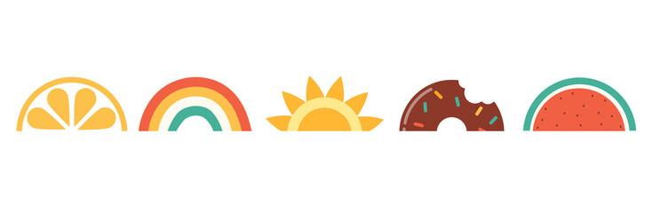 Hello summer, banner design with watermelon, sun, donut and rainbows. Vector illustration 