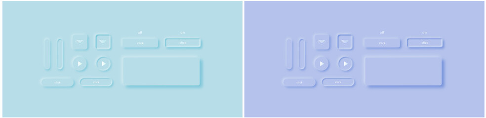 Vector set of different buttons in neumorphic/skeuomorphism style. Light blue and lilac version. Ui template. All elements are isolated