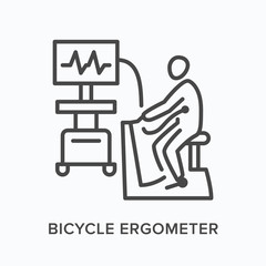 Bicycle ergometer flat line icon. Vector outline illustration of man doing stress test on cycle machine. Cardiovascular, cardiology thin linear medical pictogram