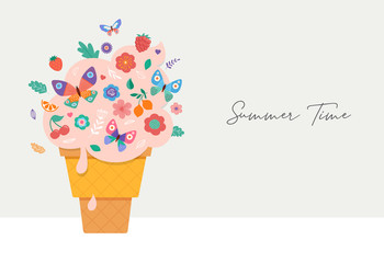 Summer scene with ice cream cone, sundae with flowers, fruits and butterflies 