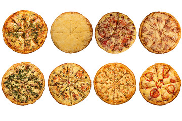set of pizzas isolated on white background.
