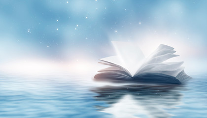 Open book on the water. Reflection of a book in the water. Sunlight. Open air scene with a book.