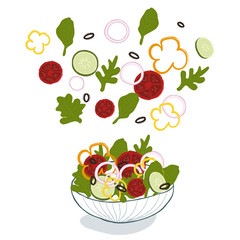 Vegetables salad in a glass bowl with tomatoes, cucumber, onion, bell pepper, olive. Healthy eating concept. Cooking salad. Diet food. Vegetarian illustration.
