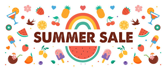 Summer sale, banner design with fruits, ice cream, rainbow, watermelon and cocktails 