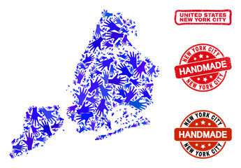 Fototapeta premium Vector handmade collage of New York City map and unclean stamp seals. Mosaic New York City map is designed with randomized blue hands. Rounded and wry red seals with unclean rubber texture.