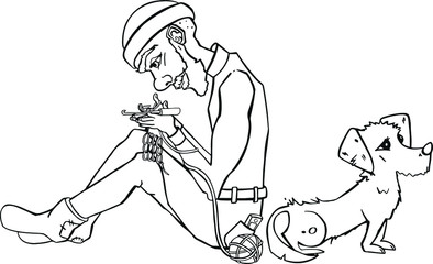  gentleman knitting on the carpet with a dog