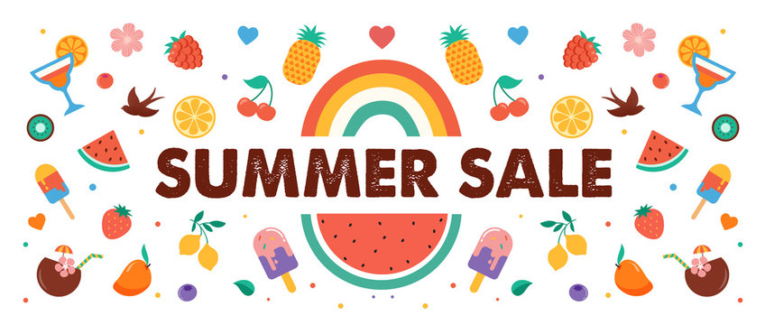 Summer sale, banner design with fruits, ice cream, rainbow, watermelon and cocktails 