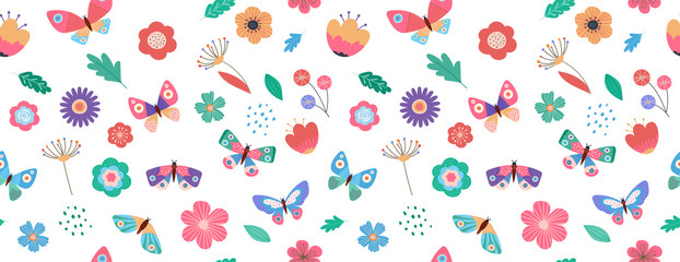 Summer seamless pattern, banner with butterflies and flowers 