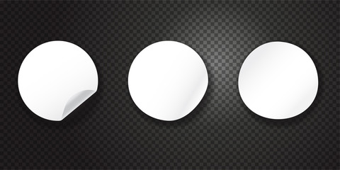 Mockup set Circle stickers on a black transparent background. White tags paper. White round stickers. Realistic Vector illustration
