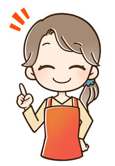 笑顔のエプロンの女性　指差し