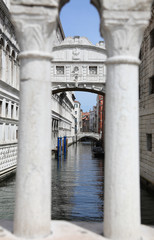 Bridge of Sighs in Venice in Italy between the balustrade of the