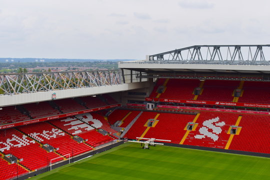 Anfield stadium stunning pitch in Liverpool, UK on August 3, 2019 and city views from the highest level of the main stand LFC grounds opened in 1884 and have 54 074 seats capacity altogether nowadays