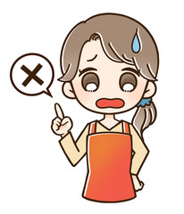 エプロンの女性 指さし 悩む