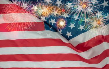 Celebration concept, Double exposure American flag and fireworks.