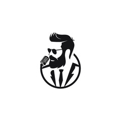 man with beard bring microphone good for choir or singer logo design