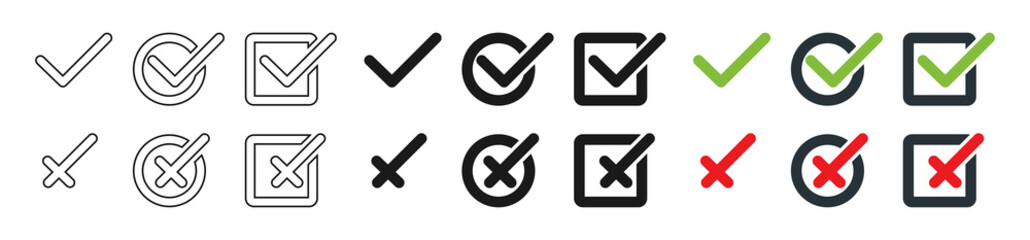 Check mark with cross collection, isolated. Check mark with cross vector icons in different design. Check marks with crosses in circle and square. Vector illustration