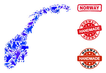 Vector handmade combination of Norway map and unclean watermarks. Mosaic Norway map is created of scattered blue hands. Rounded and wry red stamp imprints with unclean rubber texture.