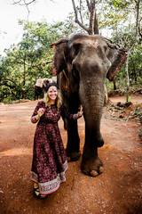beautiful girl next to an elephant - 351182264