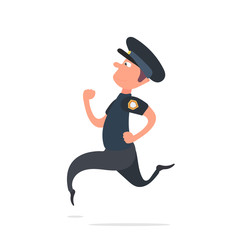The policeman is running. A patrolman in uniform is running. Isolated on a white background. Cartoon style. Vector.