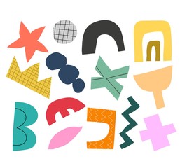 
Set with cartoon different shapes, Abstract figures. Colorful flat vector illustration, hand drawing. design for prints, posters, cards
