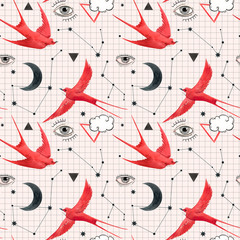 Beautiful seamless pattern with watercolor birds, moons and eyes. Stock illustration.