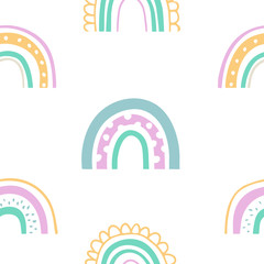 Modèle scandinave sans couture d& 39 arc-en-ciel d& 39 enfants mignons avec des arcs-en-ciel dessinés à la main. Éléments de griffonnage simples aux couleurs pastel.