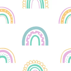 Tapeten Nahtloses skandinavisches Muster des netten Kinderregenbogens mit Hand gezeichneten Regenbögen. Einfache Doodle-Elemente in Pastellfarben. © Kislinka_K