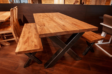 empty wooden table, bench for a family picnic