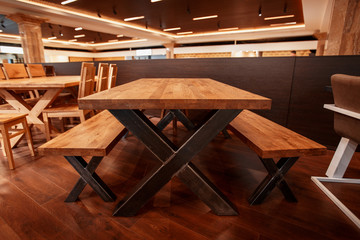 empty wooden table, bench for a family picnic