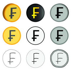 Vector illustration of swiss currency, nine francs options in vector. Swiss franc icons.