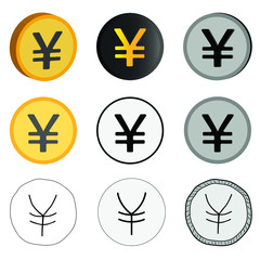 Vector illustration of the yen, nine options of the Japanese currency. Japanese yen currency icons in different styles.