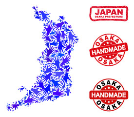 Vector handmade collage of Osaka Prefecture map and dirty stamp seals. Mosaic Osaka Prefecture map is done of randomized blue hands. Rounded and crooked red seals with grunge rubber texture.