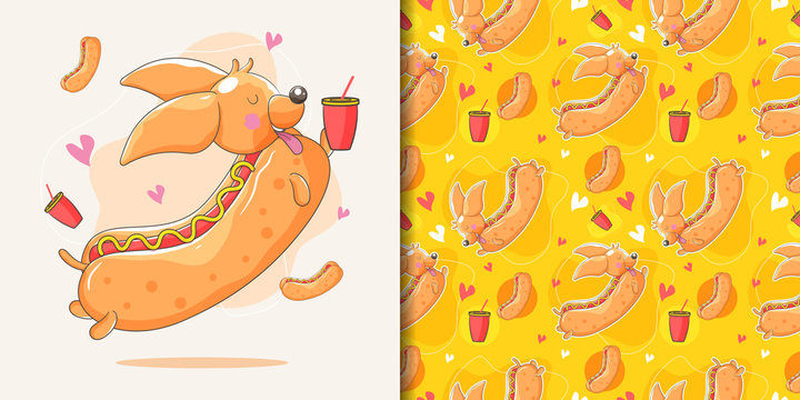 hand drawn dachshund dog with hotdog custom