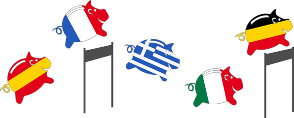 Piggy banks in the shape of a pig in the colour of European flags jumping from the jumps