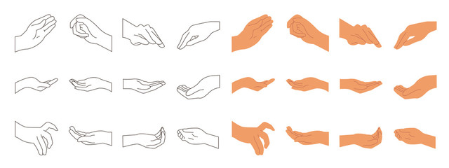Various gestures of human hands isolated on a white background. Hand hold, Hand open and use Gel bottle or alcohol gel bottle, Vector design elements for infographic, ads, interactive and website.